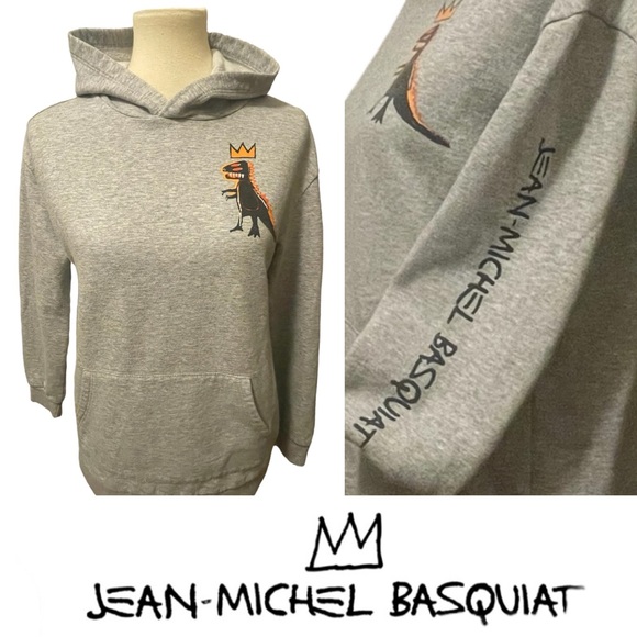 Jean-Michel Basquiat Crowned Pez Dinosaur Grey Pullover Hoodie Size 12-14 (L) - Picture 3 of 15